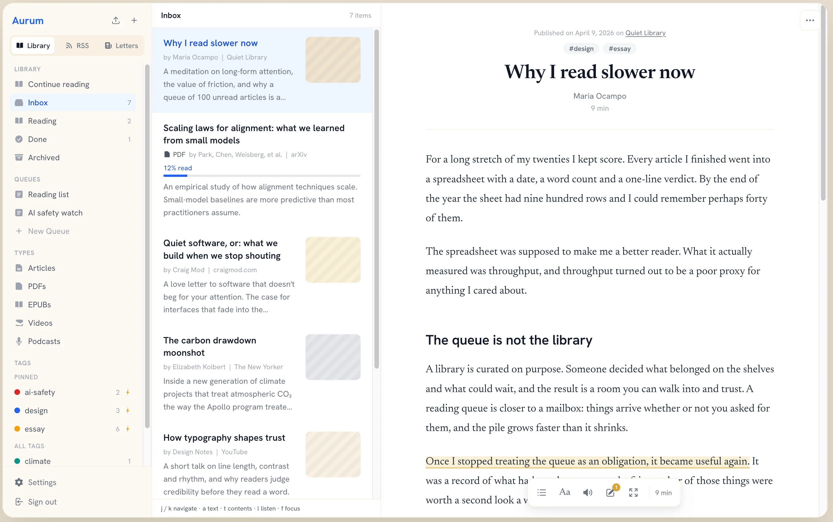 Aurum on the web in three panes. The sidebar lists Continue reading, Inbox, Reading, Done and Archived, two queues, five content types and pinned color tags. The inbox shows a PDF at 12% read. The reader shows the essay “Why I read slower now” in a serif face, with one sentence highlighted and a floating toolbar for contents, type settings, listen, notes, focus and reading time.