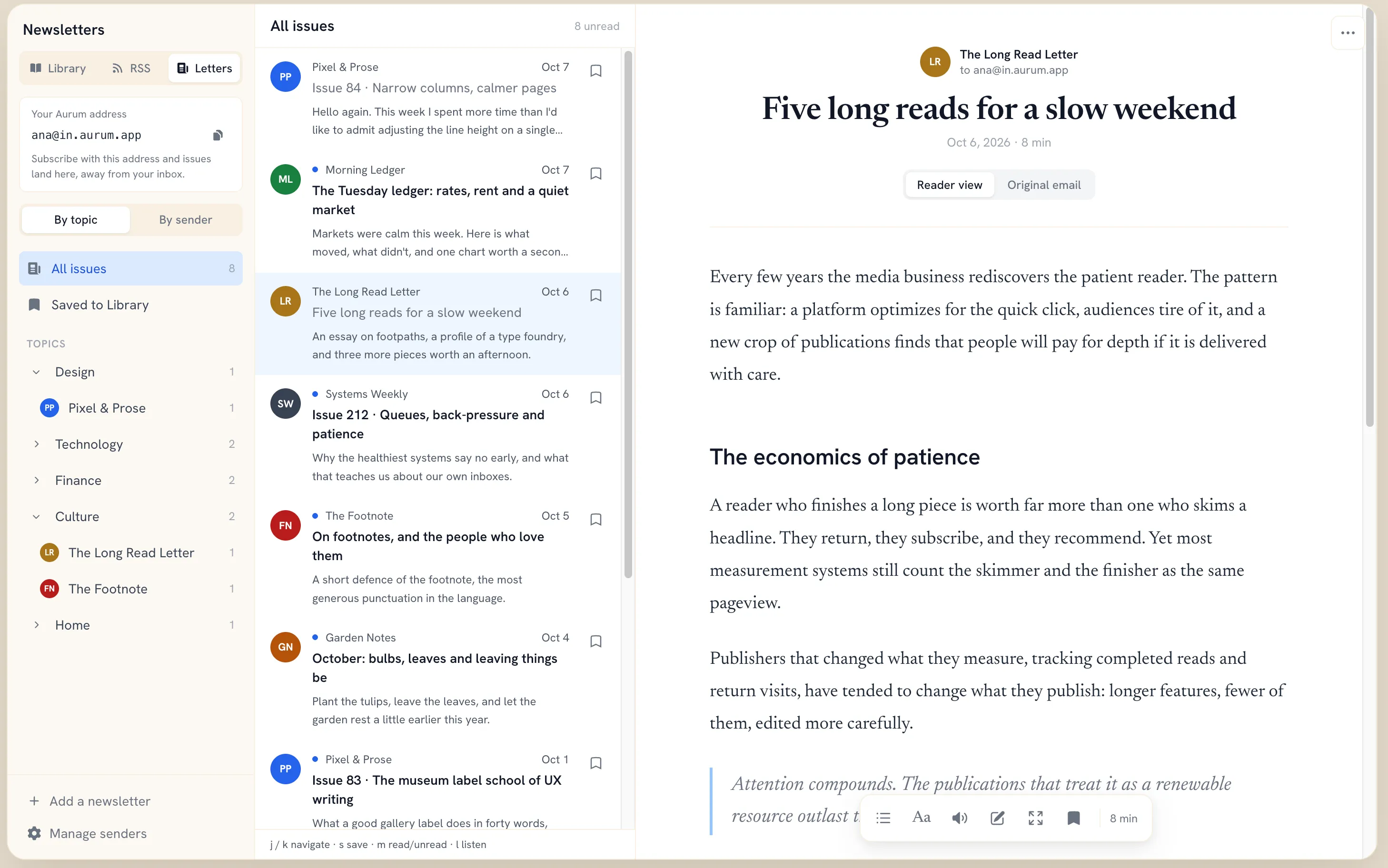 Newsletters. A card shows the account’s private Aurum address with a copy button. Issues are grouped By topic, with senders nested under Design, Technology, Finance, Culture and Home. An issue of The Long Read Letter is open, with a toggle between Reader view and Original email.
