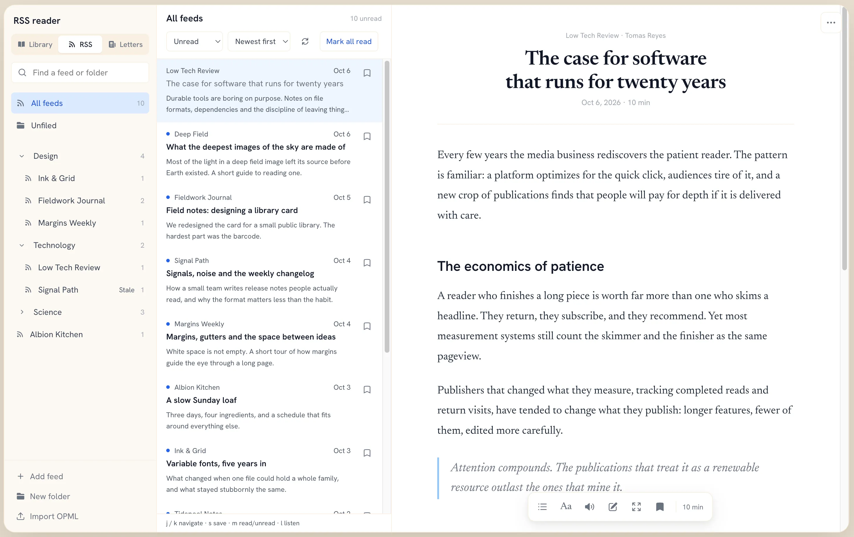 The RSS reader. Feeds sit in nested Design, Technology and Science folders with unread counts, one marked Stale, above Add feed, New folder and Import OPML. The entry list is filtered to Unread, sorted Newest first, with Mark all read and a bookmark on each entry. An article from Low Tech Review is open in the reader.
