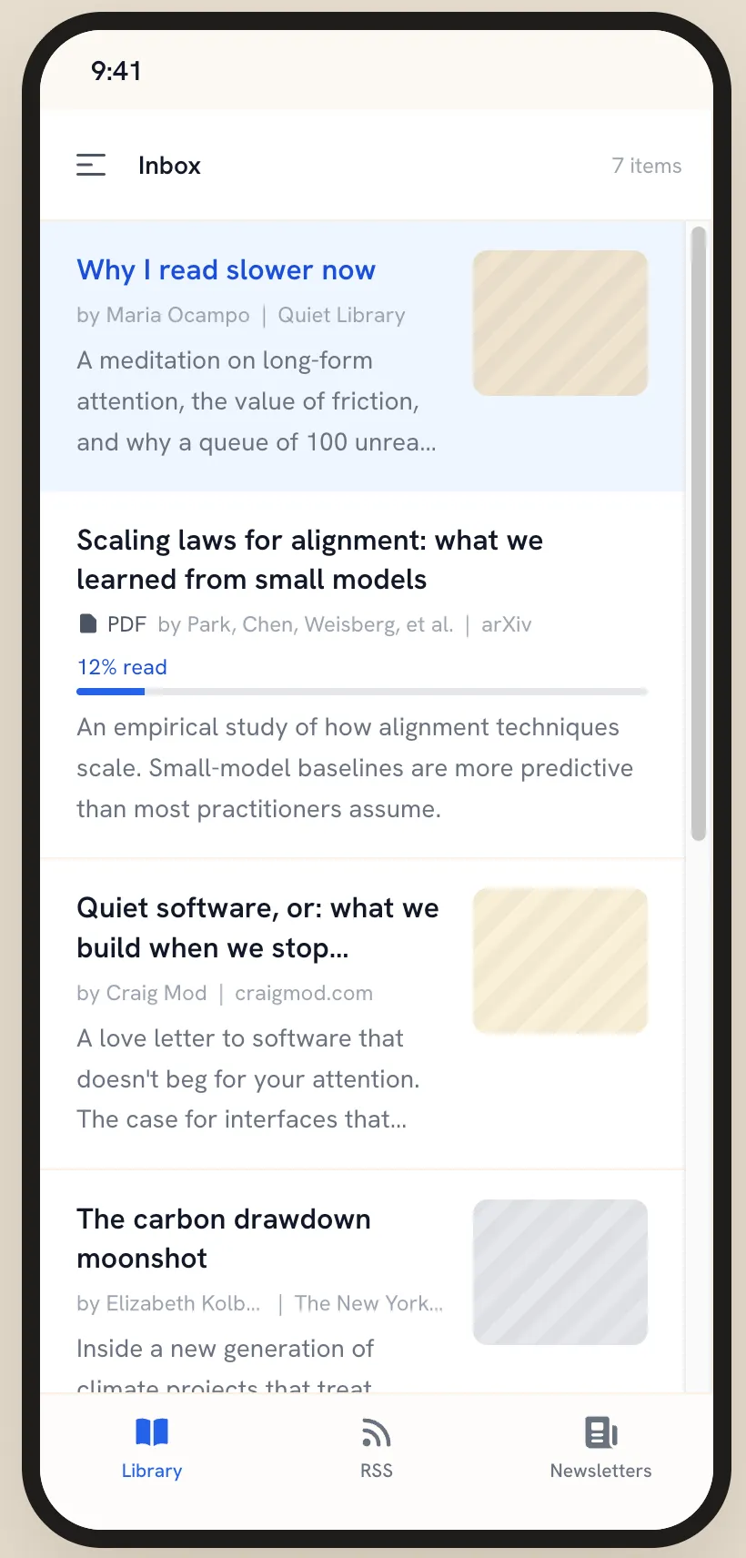 The iPhone app on the Library tab: the inbox, with a PDF showing a 12% read progress bar, and Library, RSS and Newsletters tabs along the bottom.
