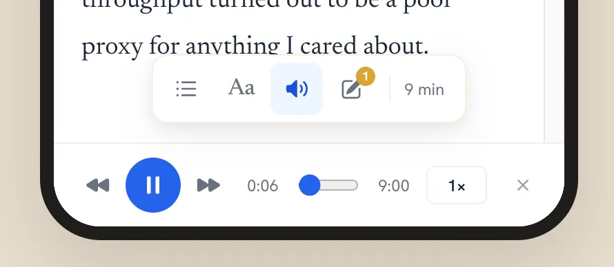 The bottom of the iPhone reader with Listen turned on: a player bar with skip back, pause, skip forward, 0:06 of 9:00 elapsed, and a 1× speed control.