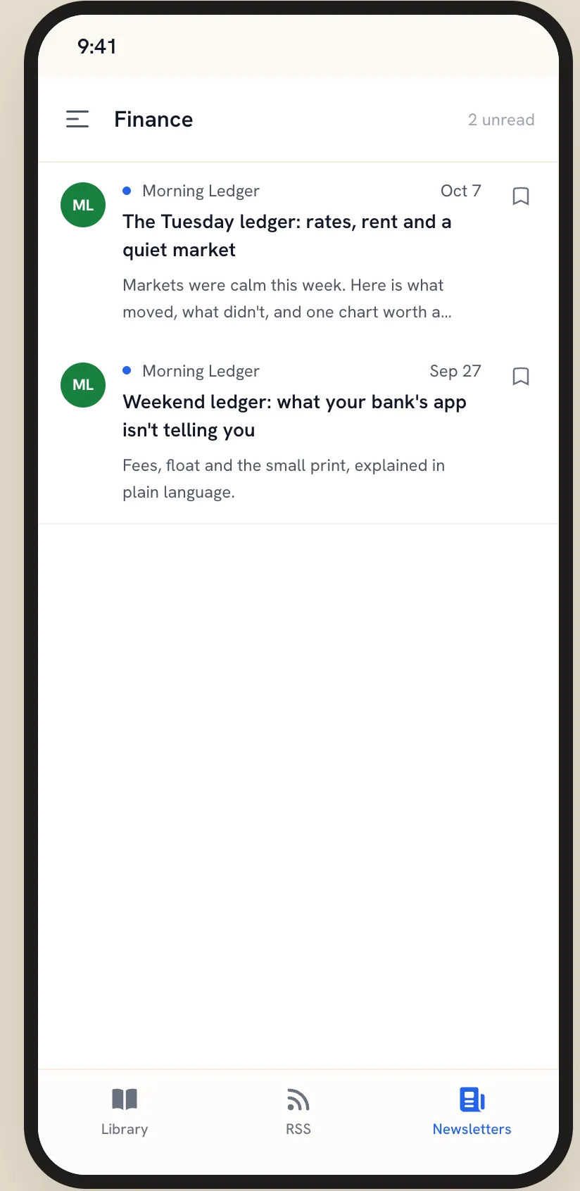 The iPhone app on the Newsletters tab, filtered to the Finance topic: two issues from Morning Ledger, each with a bookmark to save it.
