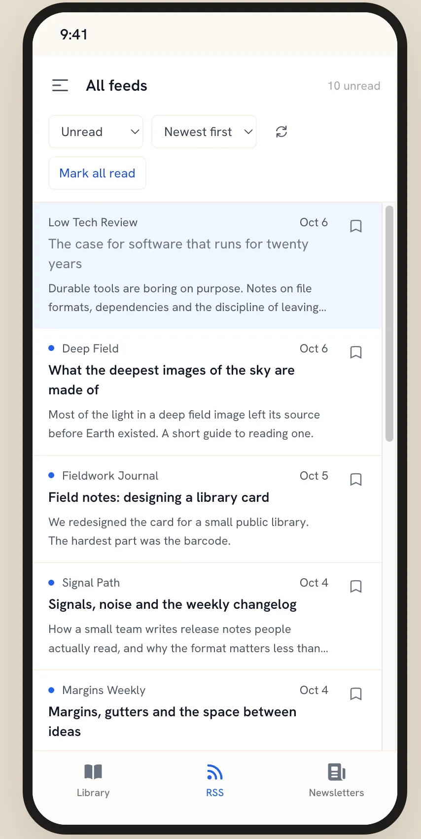 The iPhone app on the RSS tab: All feeds with 10 unread, Unread and Newest first filters, Mark all read, and entries each with a bookmark to save them.